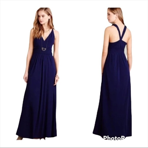 MAEVE x Anthropologie Navy Blue Halter Neck Cross Back Braided Maxi Dress Size 2 - Picture 1 of 7
